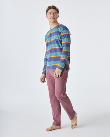 Pijama de hombre de algodón de color granate a rayas Pijama de hombre de algodón de color granate a rayas