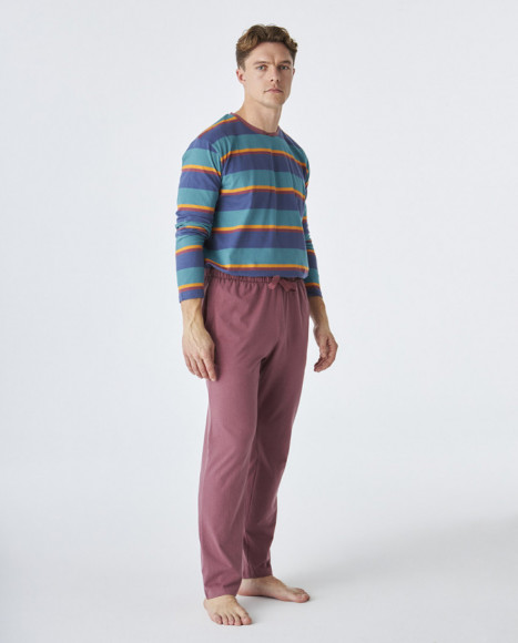 Pijama de hombre de algodón de color granate a rayas Pijama de hombre de algodón de color granate a rayas