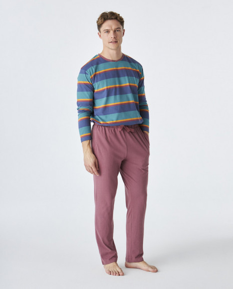 Pijama de hombre de algodón de color granate a rayas Pijama de hombre de algodón de color granate a rayas