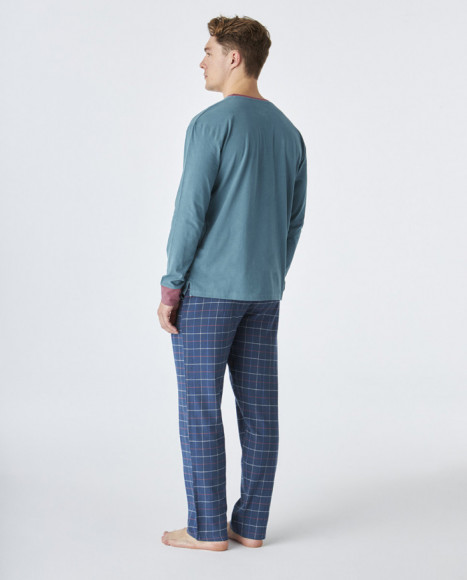 Pijama de hombre de algodón de color verde y azul a cuadros Pijama de hombre de algodón de color verde y azul a cuadros