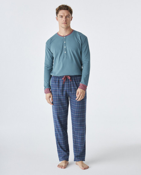 Pijama de hombre de algodón de color verde y azul a cuadros Pijama de hombre de algodón de color verde y azul a cuadros