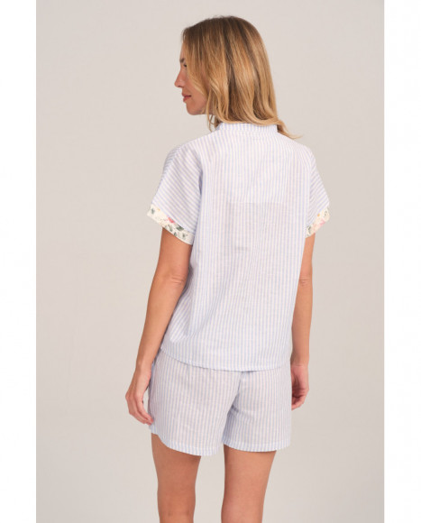 Pijama mujer en azul a rayas con detalle en las mangas Pijama mujer en azul a rayas con detalle en las mangas