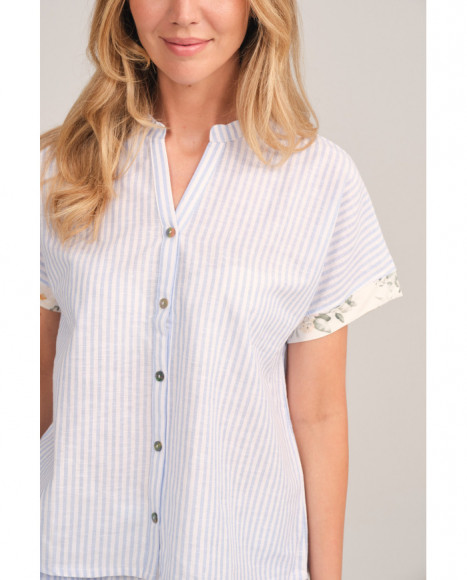 Pijama mujer en azul a rayas con detalle en las mangas Pijama mujer en azul a rayas con detalle en las mangas