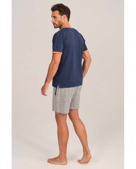 Pijama hombre azul con detalles naranja y pantalón gris Pijama hombre azul con detalles naranja y pantalón gris