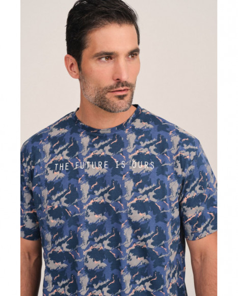 Pijama de hombre en azul con camiseta estampada y pantalón Pijama de hombre en azul con camiseta estampada y pantalón