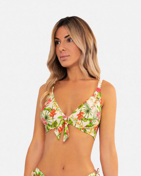 Top de bikini mujer color beige con estampado tropical y lazo