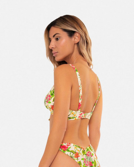 Top de bikini mujer color beige con estampado tropical y lazo Top de bikini mujer color beige con estampado tropical y lazo