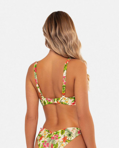 Top de bikini mujer color beige con estampado tropical y Top de bikini mujer color beige con estampado tropical y