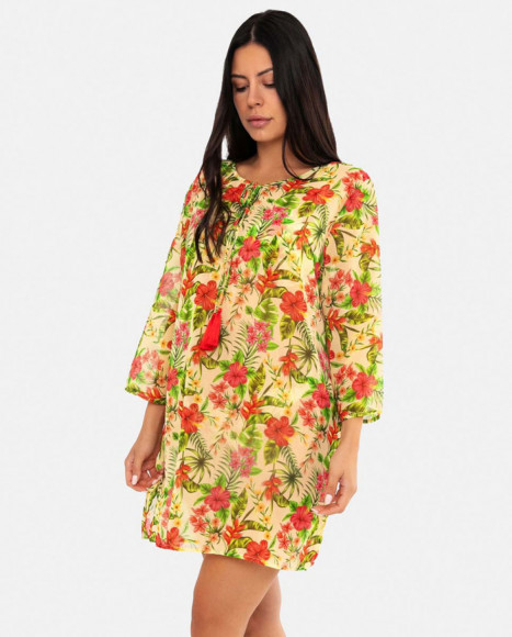Vestido de playa mujer color beige con estampado tropical y