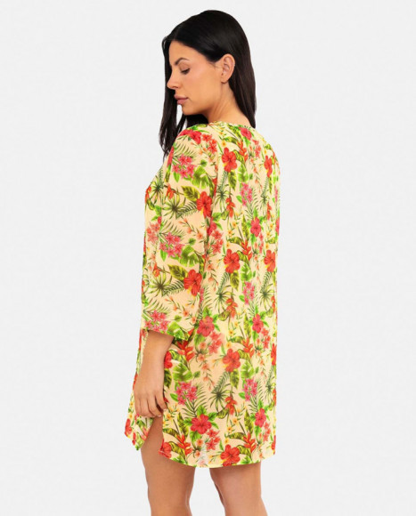 Vestido de playa mujer color beige con estampado tropical y Vestido de playa mujer color beige con estampado tropical y