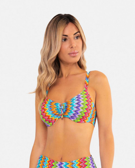 Top de bikini mujer color azul con estampado zigzag y detalle
