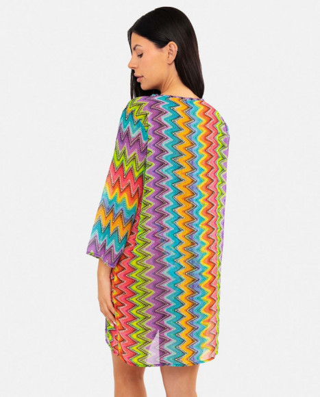 Vestido de playa mujer color azul con estampado zigzag y borlas Vestido de playa mujer color azul con estampado zigzag y borlas
