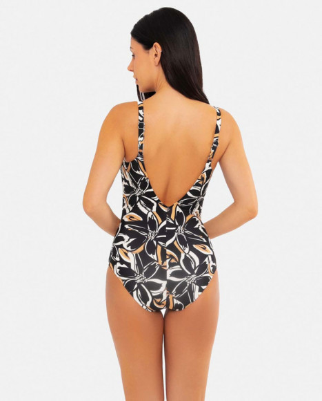 Bañador para mujer en color negro con estampado floral y escote