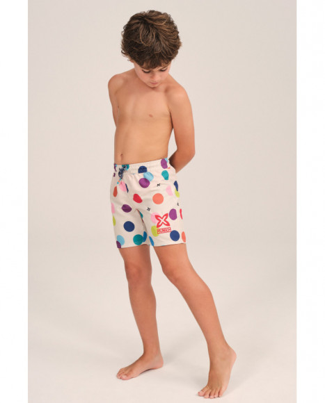 Bañador para niño en beige con estampado de lunares multicolor
