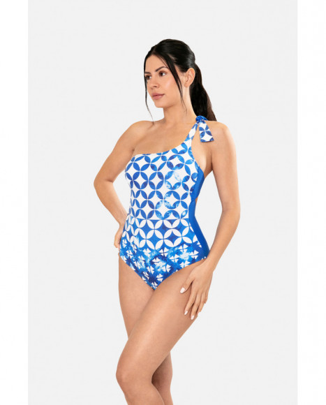 Bañador para mujer de escote asimétrico con foam de color azul