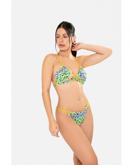 Bikini femenino de diseño de escote X con copa extraible y sin aro en tono amarillo