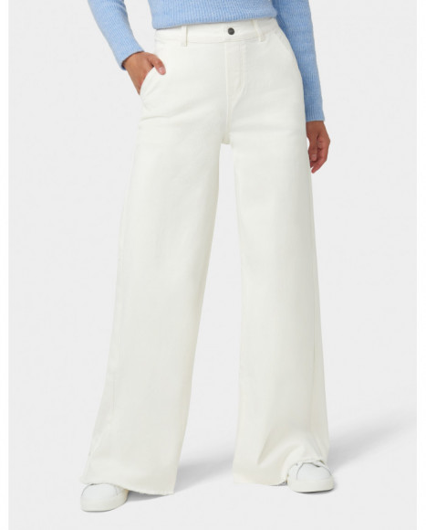 Pantalón mujer denim color blanco bajo deshilachado con pierna ancha y elástico Pantalón mujer denim color blanco bajo deshilachado con pierna ancha y elástico