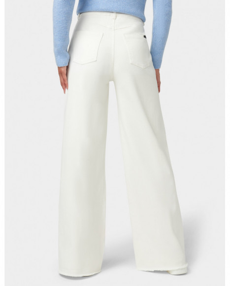Pantalón mujer denim color blanco bajo deshilachado con pierna ancha y elástico Pantalón mujer denim color blanco bajo deshilachado con pierna ancha y elástico