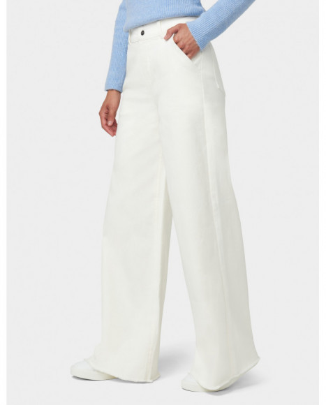 Pantalón mujer denim color blanco bajo deshilachado con pierna ancha y elástico Pantalón mujer denim color blanco bajo deshilachado con pierna ancha y elástico