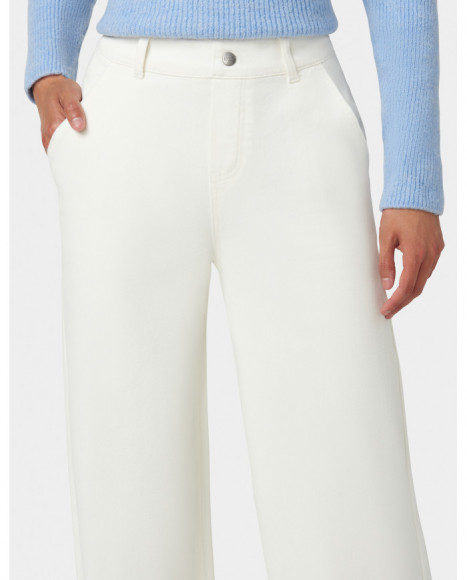 Pantalón mujer denim color blanco bajo deshilachado con pierna ancha y elástico Pantalón mujer denim color blanco bajo deshilachado con pierna ancha y elástico
