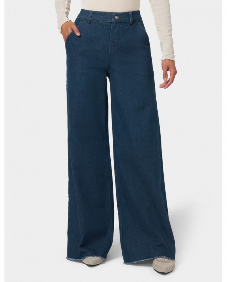 Pantalón mujer denim color azul bajo deshilachado y tejido elástico para un look casual