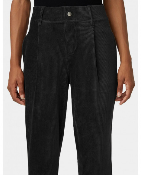 Pantalón mujer color negro tejido pana, tiro alto, corte recto con ajuste relajado y bolsillos