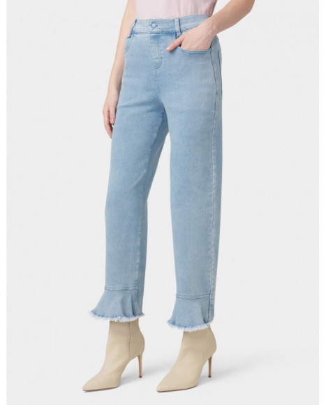 Pantalón mujer color azul bajo con volante deshilachado y corte ajustado