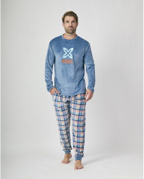 Pijama de hombre en terciopelo azul con pantalón de cuadros multicolor