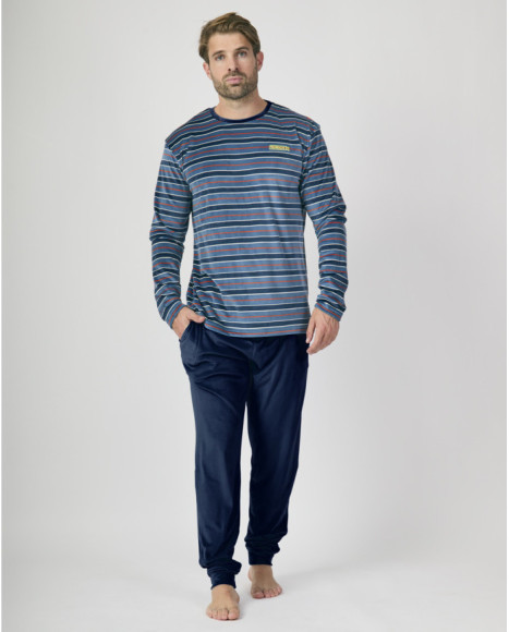 Pijama hombre manga larga a rayas en tonos azules y rojos