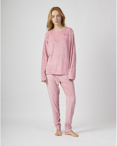 Pijama de mujer micropolar rosa con estampado de estrellas