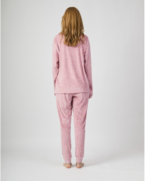 Pijama de mujer micropolar rosa con estampado de estrellas Pijama de mujer micropolar rosa con estampado de estrellas