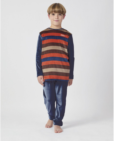 Pijama para niño de manga larga con camiseta de rayas de colores y pantalón azul
