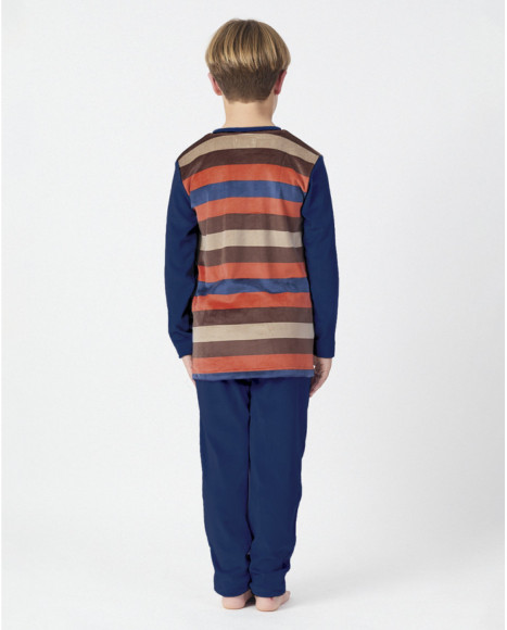 Pijama para niño de manga larga con camiseta de rayas de colores y pantalón azul Pijama para niño de manga larga con camiseta de rayas de colores y pantalón azul