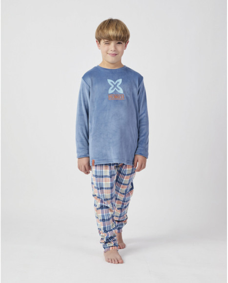 Conjunto de pijama para niño en terciopelo azul con pantalón a cuadros
