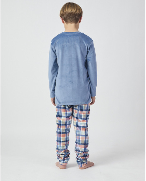 Conjunto de pijama para niño en terciopelo azul con pantalón a cuadros Conjunto de pijama para niño en terciopelo azul con pantalón a cuadros