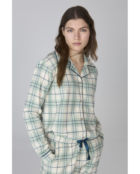 Pijama largo para mujer en blanco con diseño en cuadros verdes