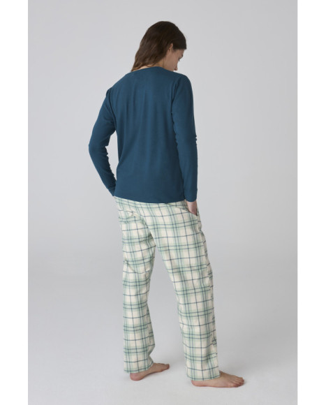 Pijama para mujer en azul con pantalón de cuadros verdes