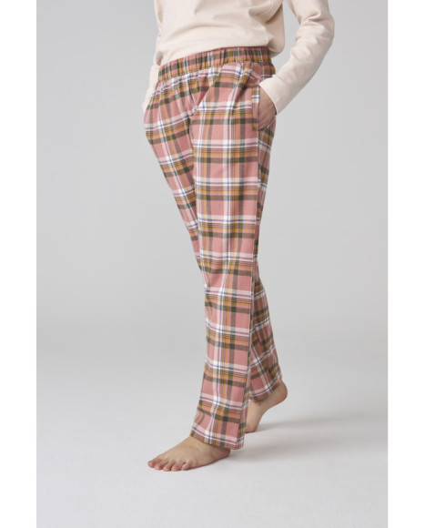 Conjunto de pijama de mujer en tono beige y cuadros rosas