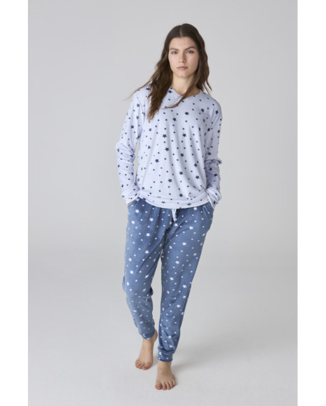Conjunto de pijama de mujer en azul con estampado de estrellas