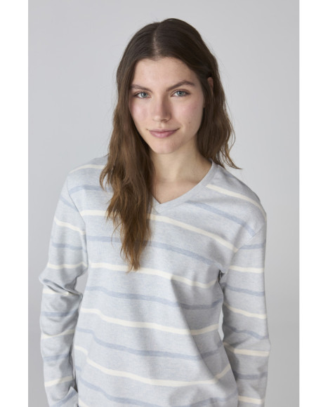 Pijama de mujer con rayas en tonos grises y azul claro