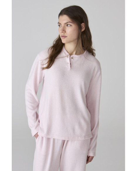 Pijama para mujer de felpa rosa claro y cuello henley