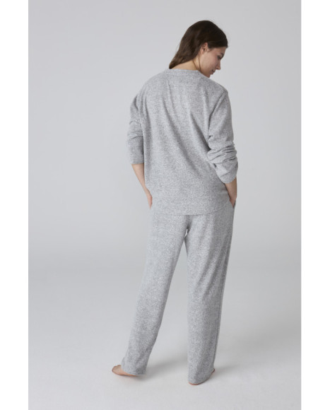 Pijama para mujer gris jaspeado de manga larga y pantalón recto