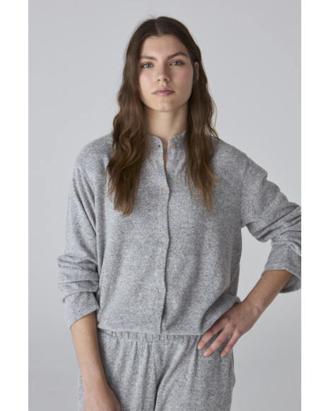 Pijama para mujer gris jaspeado de manga larga y pantalón recto