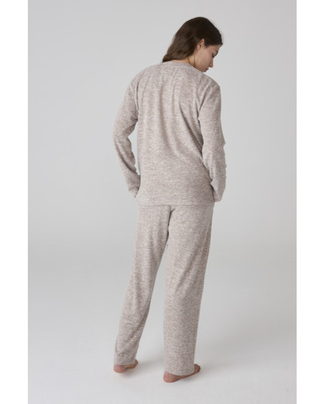 Conjunto de pijama para mujer beige jaspeado con camiseta de manga larga