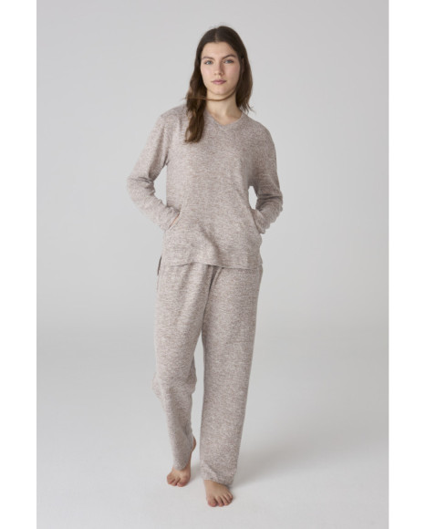Conjunto de pijama para mujer beige jaspeado con camiseta de manga larga