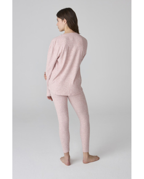 Pijama para mujer en rosa de canalé con jersey de pico y leggings