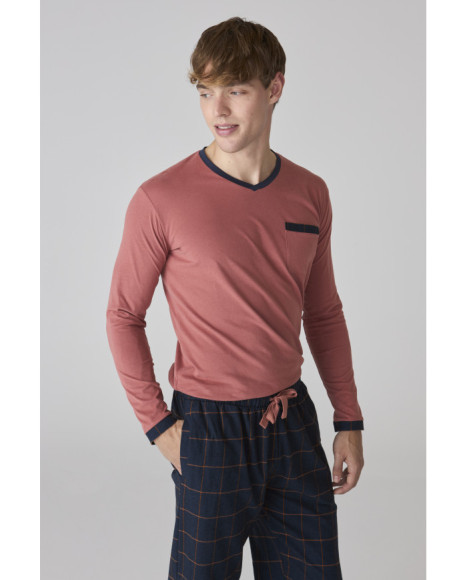 Pijama largo para hombre con camiseta coral y pantalón a cuadros