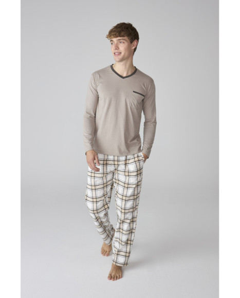Pijama largo para hombre con camiseta taupe y pantalón a cuadros
