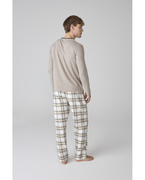 Pijama largo para hombre con camiseta taupe y pantalón a cuadros
