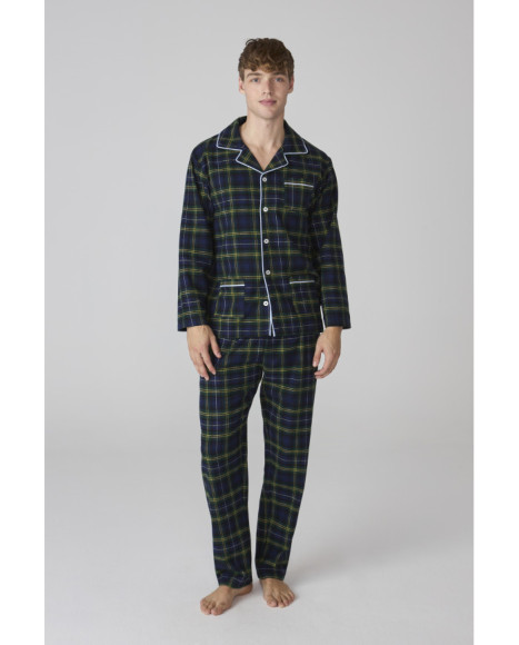 Pijama para hombre de franela con estampado de cuadros y bolsillos